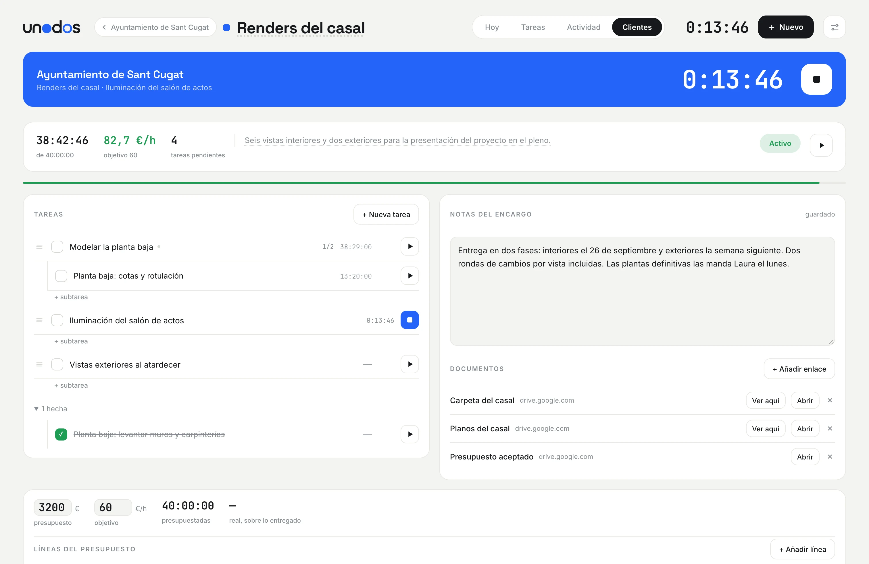 Pantalla de un proyecto en unodos, con el crono en marcha y el euro por hora del encargo